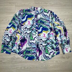 Kirundo Women's Button Down Shirt Swirl Marble Print Blue Purple XXL Long Sleeve